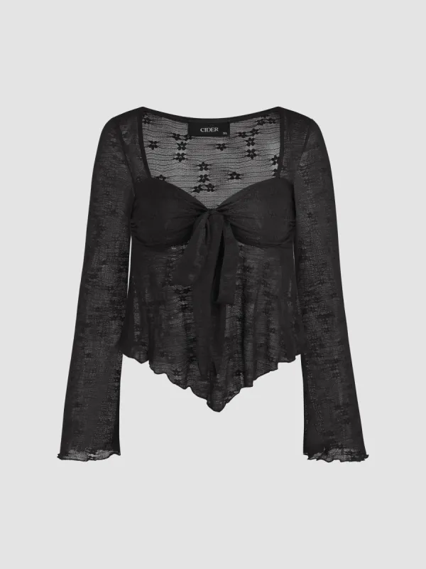 Lace Floral Knotted Long Sleeve Top Curve & Plus sold by Cider