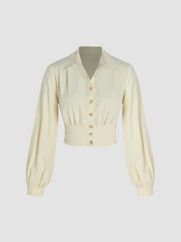 Woven Collar Ruched Crop Blouse sold by Cider