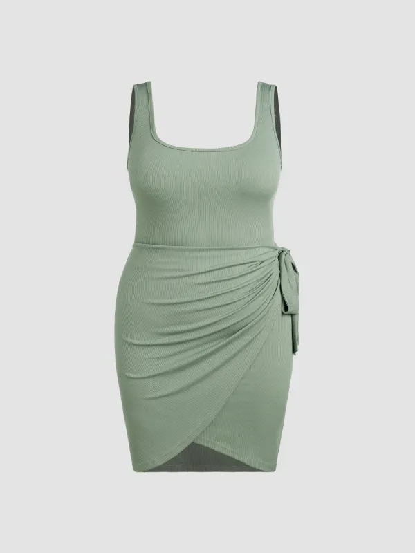 U-neckline Knotted Ruched Sleeveless Mini Dress Curve & Plus sold by Cider