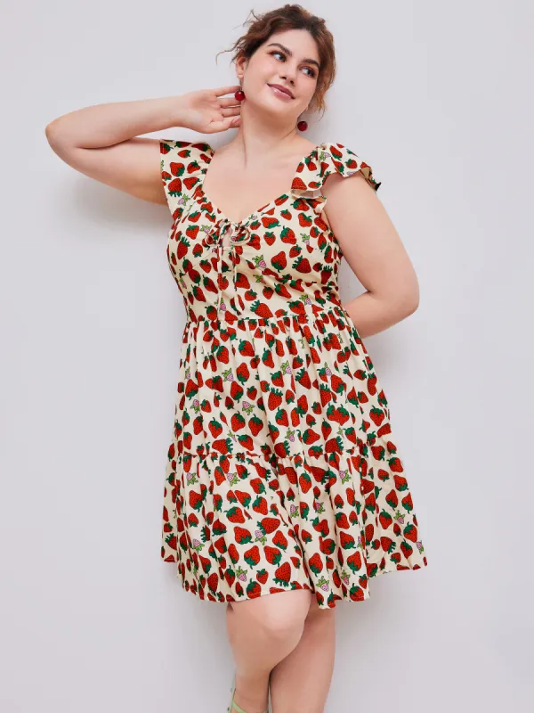 Woven Strawberry Graphic Knotted Ruffle Tiered Mini Dress Curve & Plus sold by Cider
