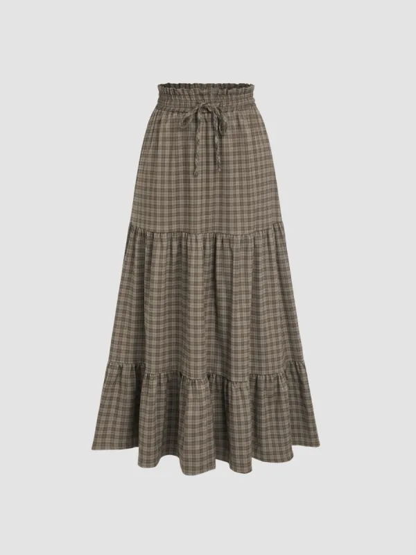 Elastic Waist Check Knotted Tiered Maxi Skirt sold by Cider