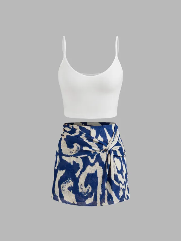 Round Neckline Solid Crop Cami Top With Mid Rise Abstract Knotted Mini Skort sold by Cider
