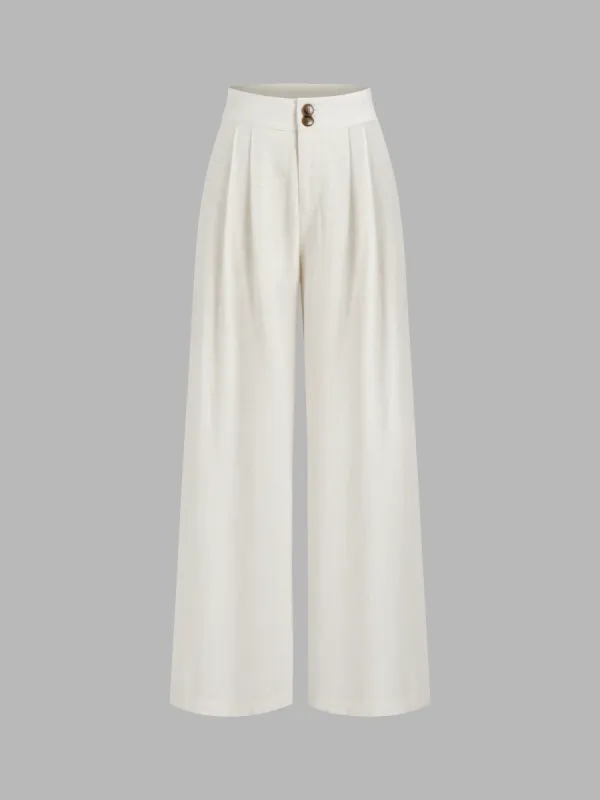 Linen-blend Mid Rise Solid Button Pocket Wide Leg Trousers  sold by Cider