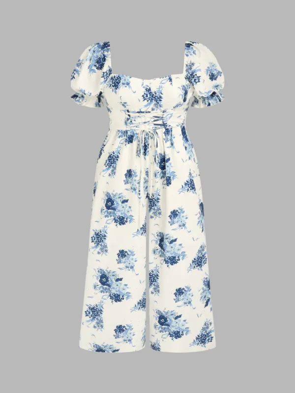 Square Neck Puff Sleeve Floral Jumpsuit Curve & Plus sold by Cider