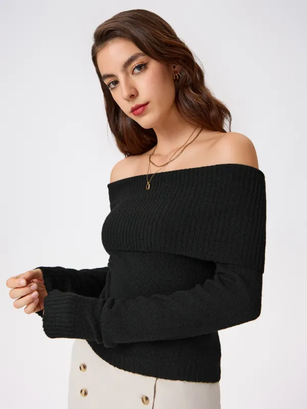 Off-shoulder Knitted Long Sleeve Top sold by Cider