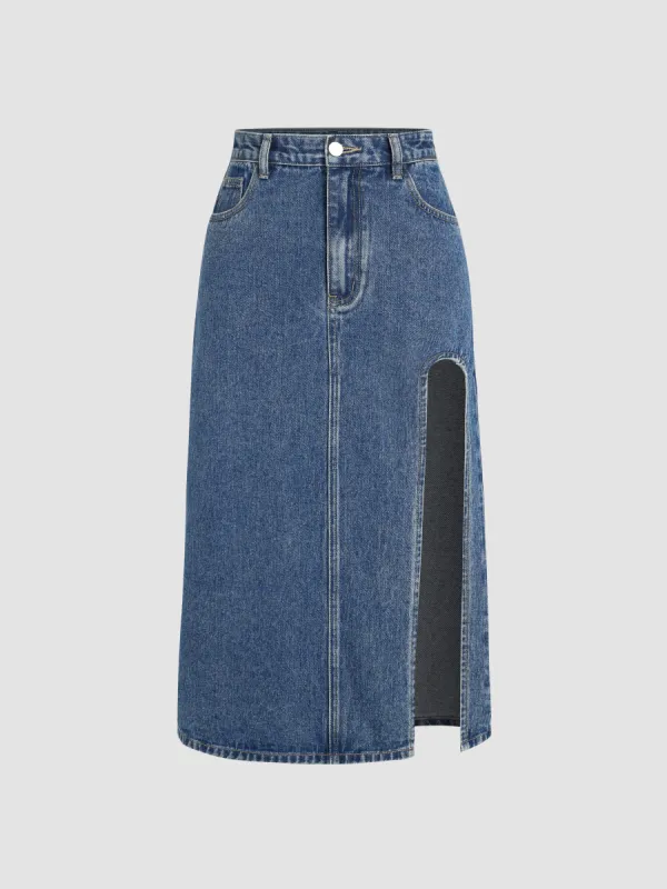 Denim Solid Split Midi Skirt sold by Cider