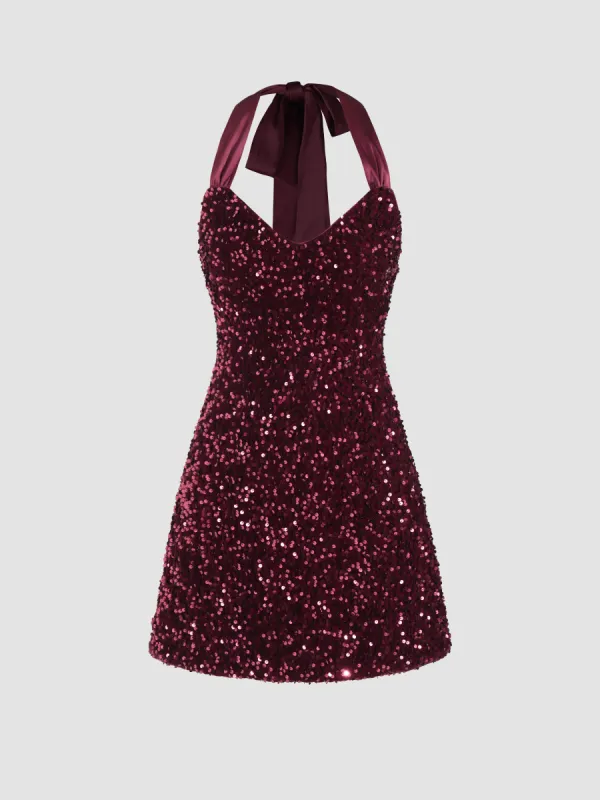 Sequin V-neck Halter Mini Dress sold by Cider