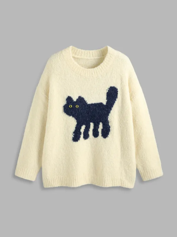 Wool-blend Round Neckline Kitten Graphic Knitted Long Sleeve Top Curve & Plus sold by Cider