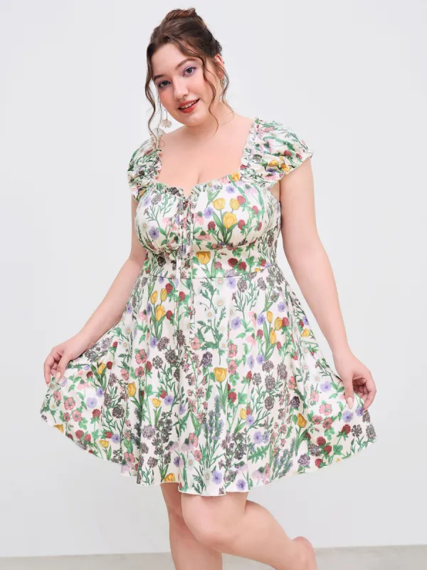 Square Neck Floral Ruffle Lettuce Trim Mini Dress Curve & Plus sold by Cider