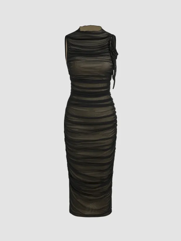 Mesh Ruched High Neck Midi Dress sold by Cider