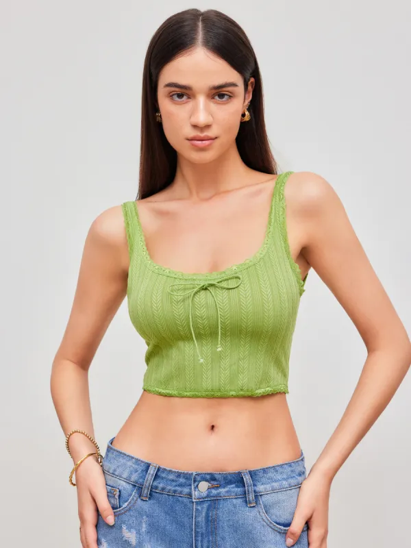 Solid Lace Trim Bowknot Rib Knit Tank Top sold by Cider