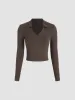 Solid Collar Long Sleeve Crop Top sold by Cider