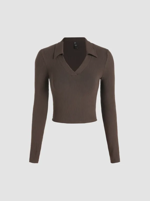 Solid Collar Long Sleeve Crop Top sold by Cider