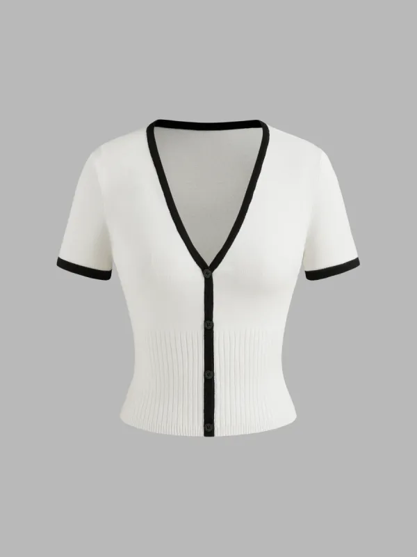 Knit V-neck Contrasting Binding Button Crop Short Sleeve Top sold by Cider