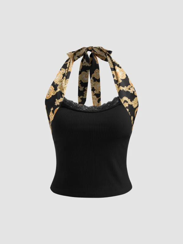 Halter Neckline Aztec Lace Trim Knotted Top sold by Cider