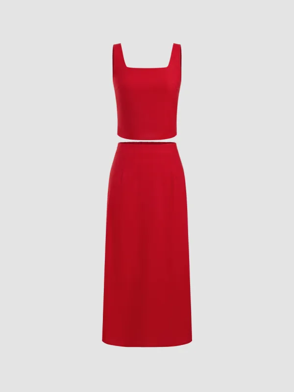 Linen-blend Square Neck Solid Button Crop Tank Top With Mid Rise Split Zipper Maxi Skirt  sold by Cider