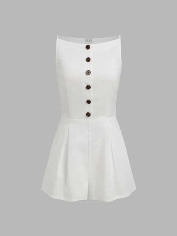 Linen Cotton Boat Neckline Solid Button Romper sold by Cider