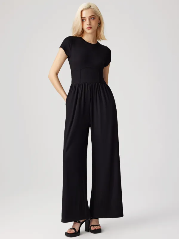 Round Neckline Ruched Wide Leg Jumpsuit sold by Cider