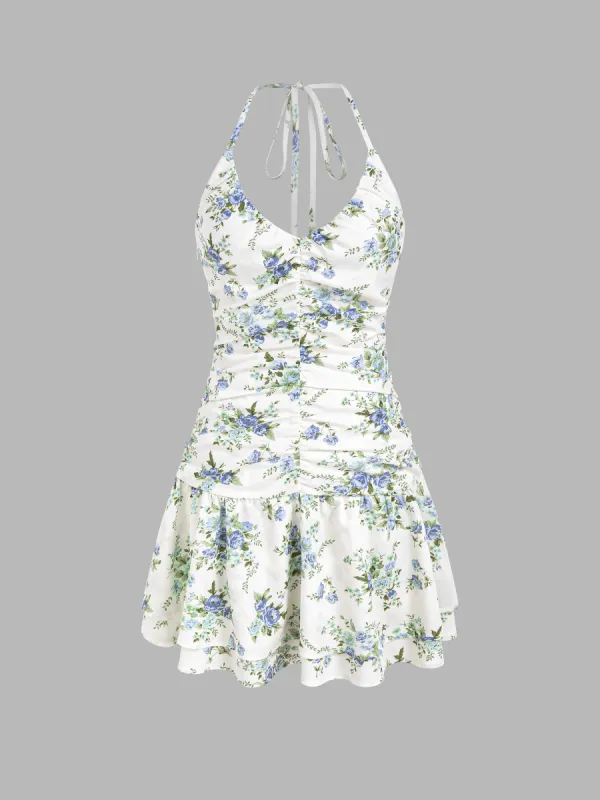 Halter V-neck Floral Layered Ruffle Hem Mini Dress sold by Cider