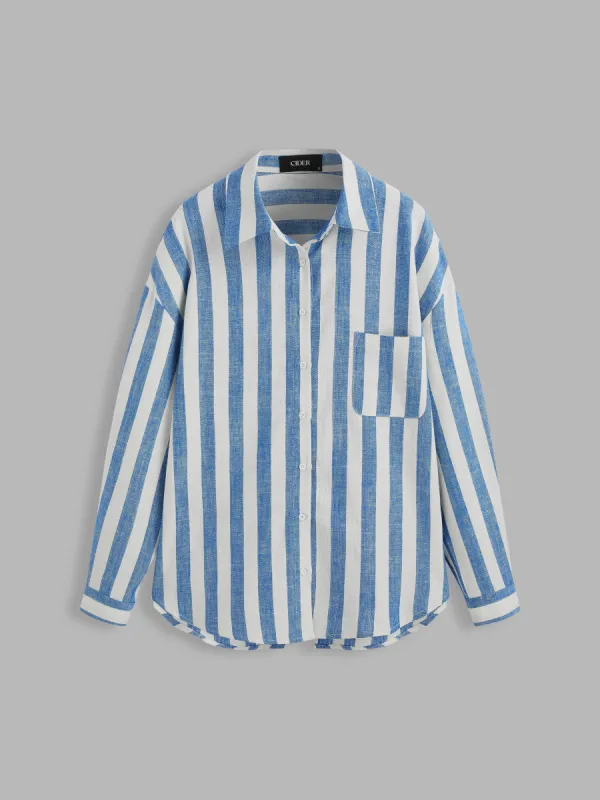Linen-blend Collar Striped Pocket Long Sleeve Shirt sold by Cider