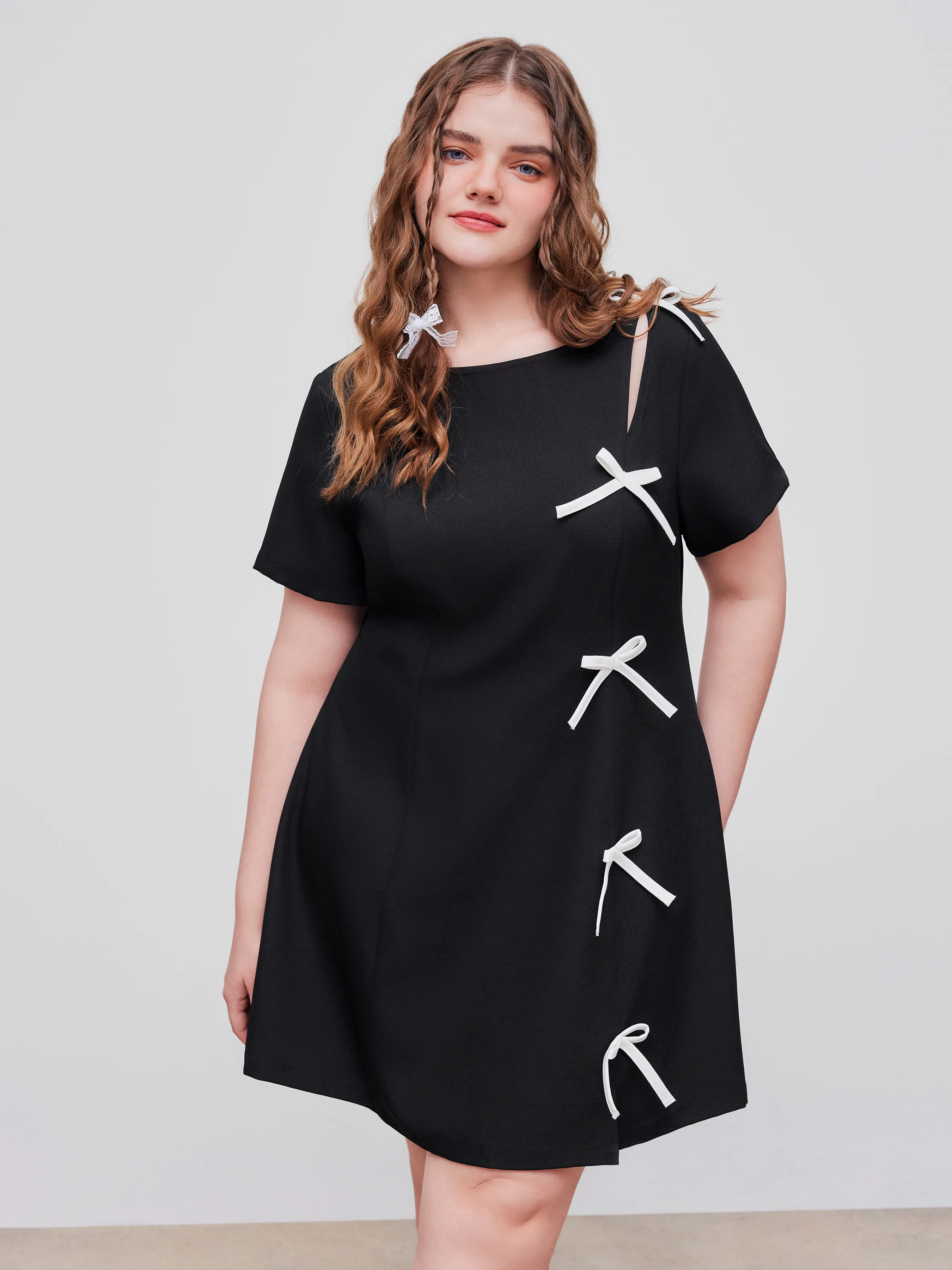 Round Neck Solid Bowknot Mini Dress Curve & Plus sold by Cider