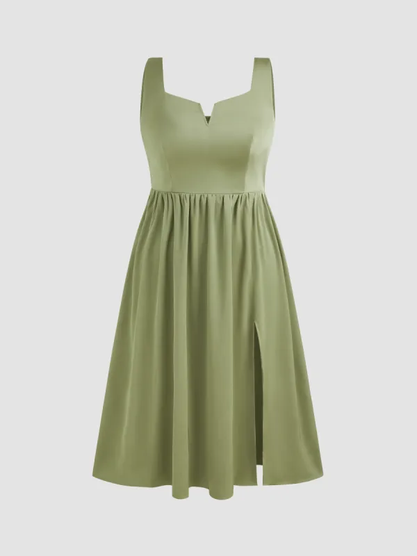 Woven Square Neck Ruffle Split Shirred Midi Dress Curve & Plus made by Cider