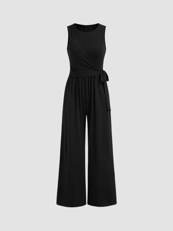 Jersey Round Neck Knotted Wide Leg Jumpsuit sold by Cider