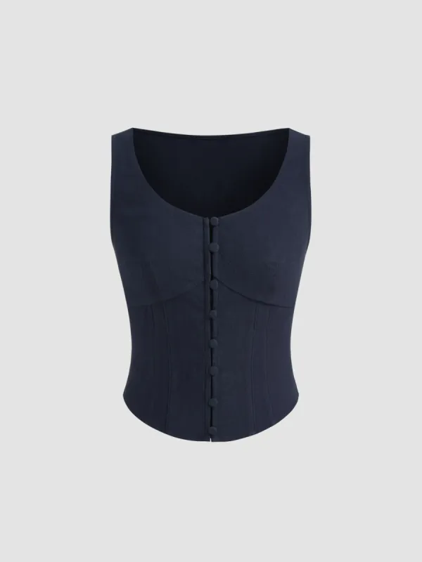 Round Neckline Solid Corset Button Crop Tank Top sold by Cider
