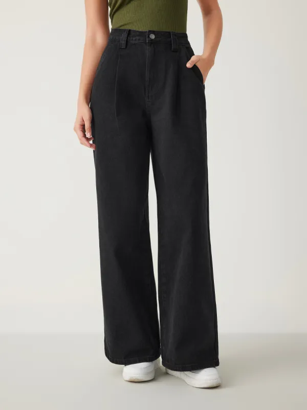 Denim High Waist Pleated Wide Leg Jeans sold by Cider