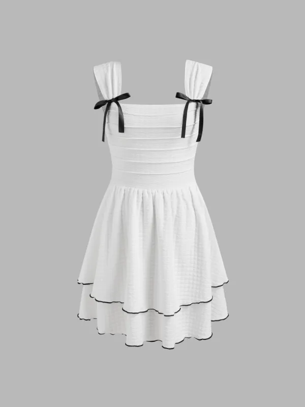 Square Neck Contrasting Binding Bowknot Layered Mini Dress sold by Cider