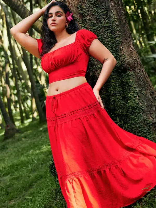 Mid Rise Solid Knotted Floral Embroidery Maxi Skirt Curve & Plus sold by Cider