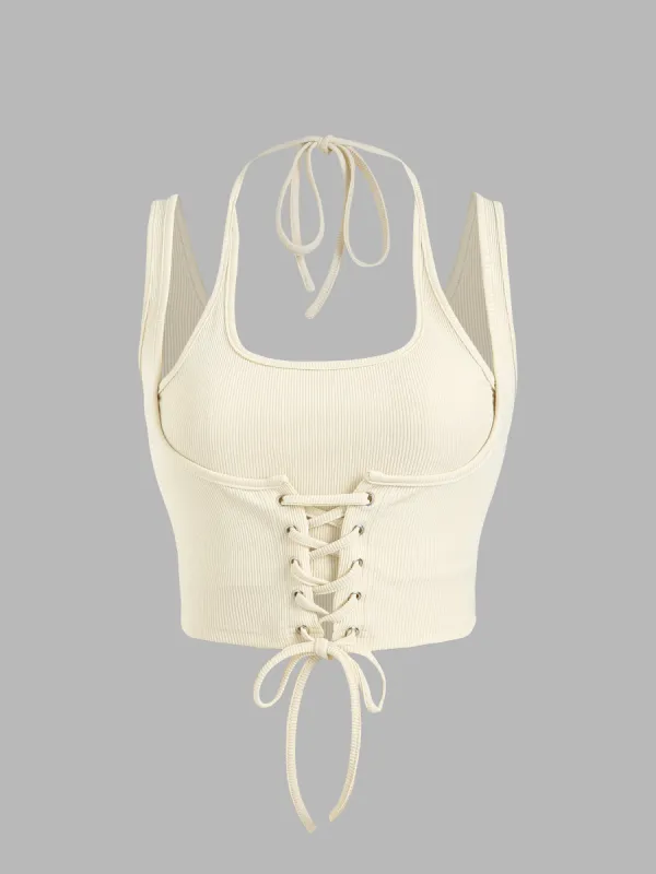 Solid Lace Up Rib Knit Crop Cami Top sold by Cider