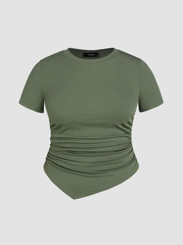 Solid Rib Round Neckline Asymmetrical Ruched Short Sleeve Top Curve & Plus sold by Cider