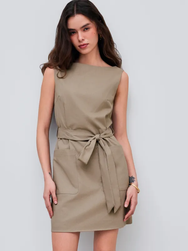 Linen-blend Boat Neck Solid Sleeveless Mini Dress With Belt sold by Cider