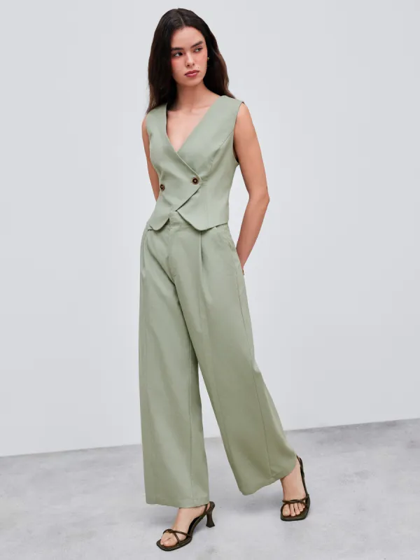 Linen-blend Mid Rise Solid Pocket Wide Leg Trousers sold by Cider