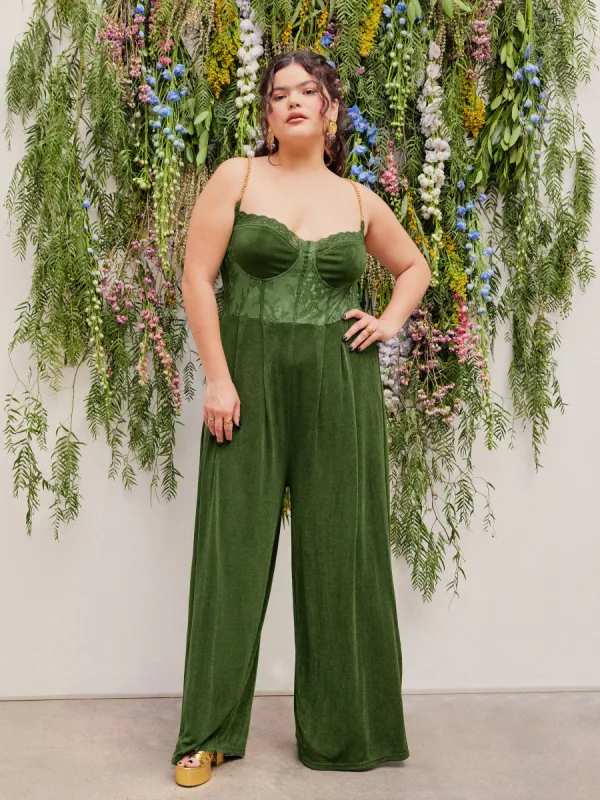 Solid Lace Corset Chain Cross Wide Leg Jumpsuit Curve & Plus sold by Cider