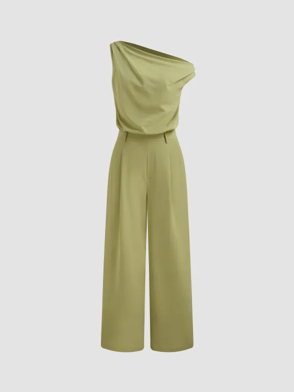 Asymmetrical Neck Solid Pocket Wide Leg Jumpsuit sold by Cider