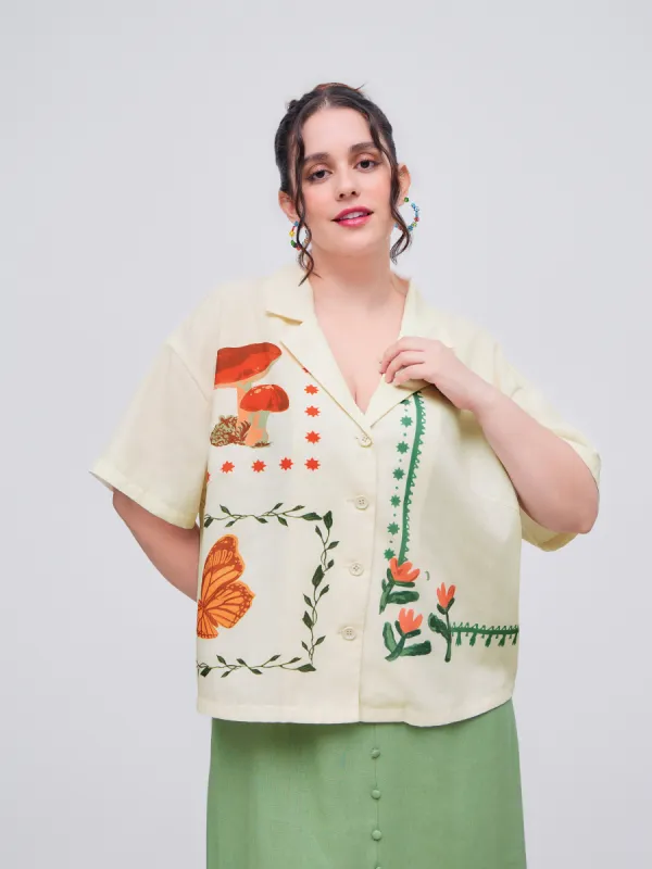 Collar Floral & Mushroom & Butterfly Graphic Short Sleeve Shirt Curve & Plus sold by Cider