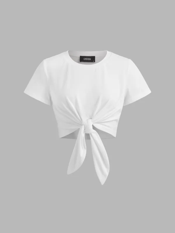 Round Neck Knotted Crop Short Sleeve Tee sold by Cider