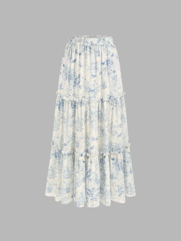 Santorini Beach Vacation Floral Tiered Ruffle Hem Maxi Skirt sold by Cider
