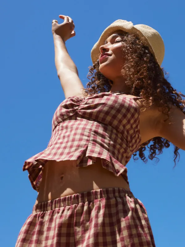 Woven V-neck Gingham Shirred Cami Top sold by Cider