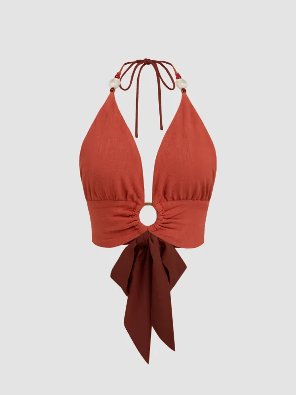 Linen-blend Beaded Halter Solid Ring Crop Top sold by Cider
