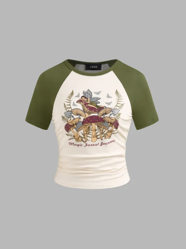 Round Neck Mushroom & Butterfly Graphic Short Sleeve Tee sold by Cider