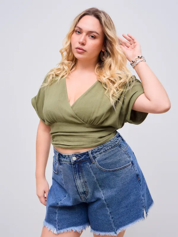 Linen-Blend V-neck Wrap Knotted Roll-up Sleeve Crop Blouse Curve & Plus sold by Cider