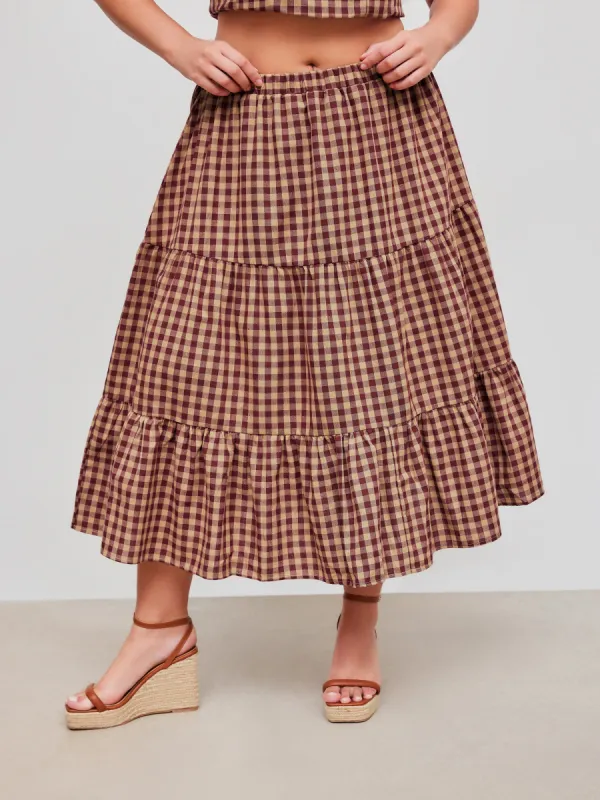 Cotton-blend Mid Rise Check Layered Maxi Skirt Curve & Plus sold by Cider