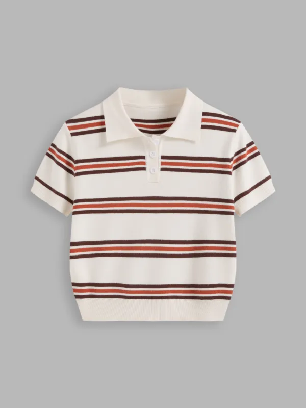 Knit Polo Collar Striped Crop Short Sleeve Top sold by Cider