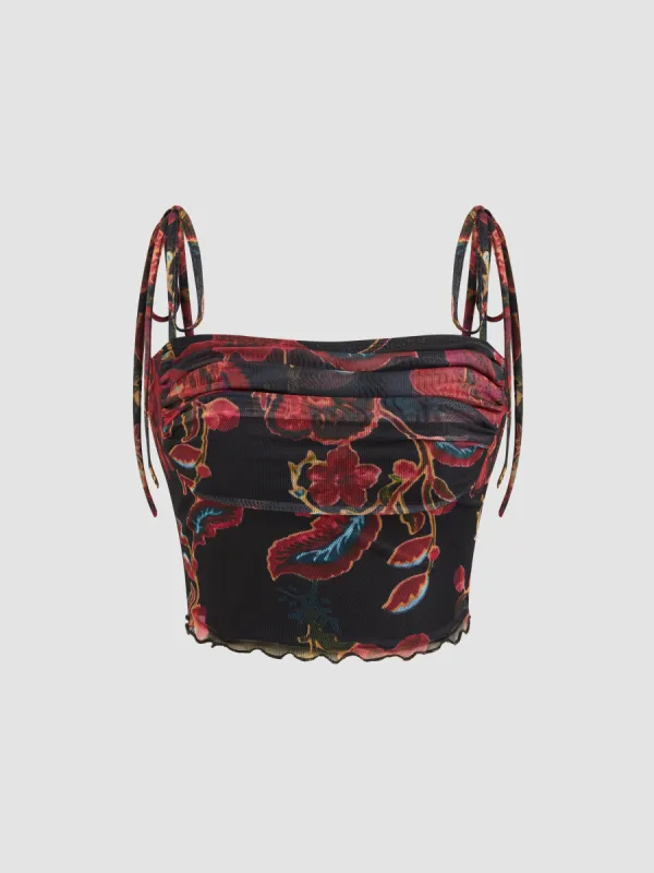 Mesh Square Neck Floral Lettuce Trim Knotted Crop Top sold by Cider