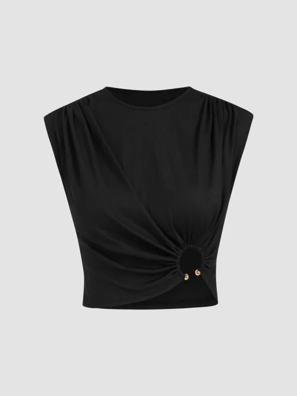 Round Neckline Ring Ruched Crop Top sold by Cider