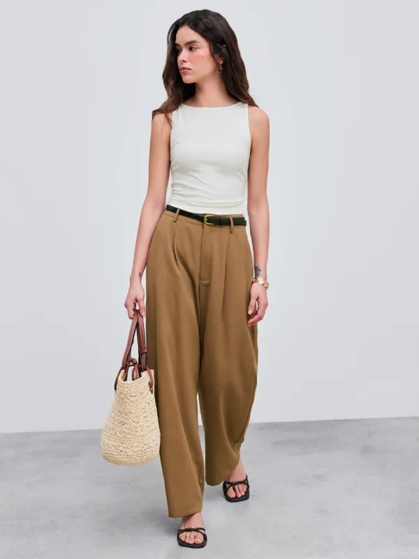 Boat Neck Solid Tank Top & Wide Leg Trousers With Belt sold by Cider