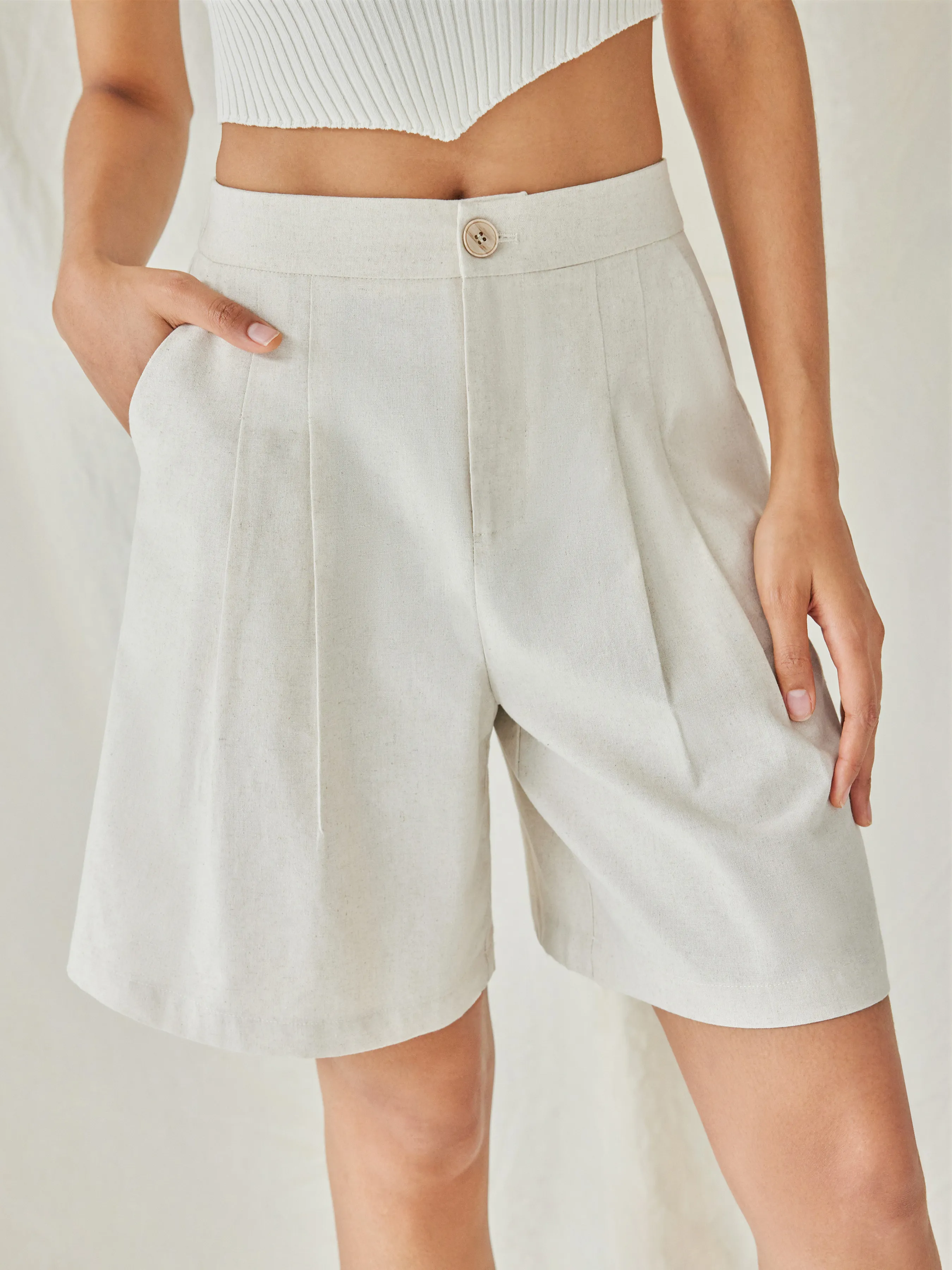 Linen-blend Mid Rise Solid Shorts sold by Cider